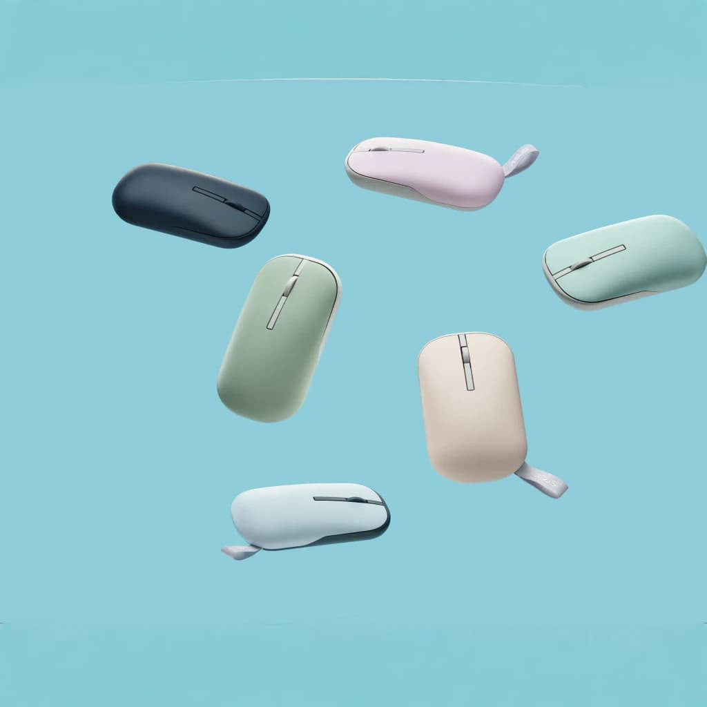 Ratón ASUS Marshmallow MD100 Gris Inalámbrico Bluetooth, en uso: 6 unidades flotando en distintos colores pastel sobre fondo