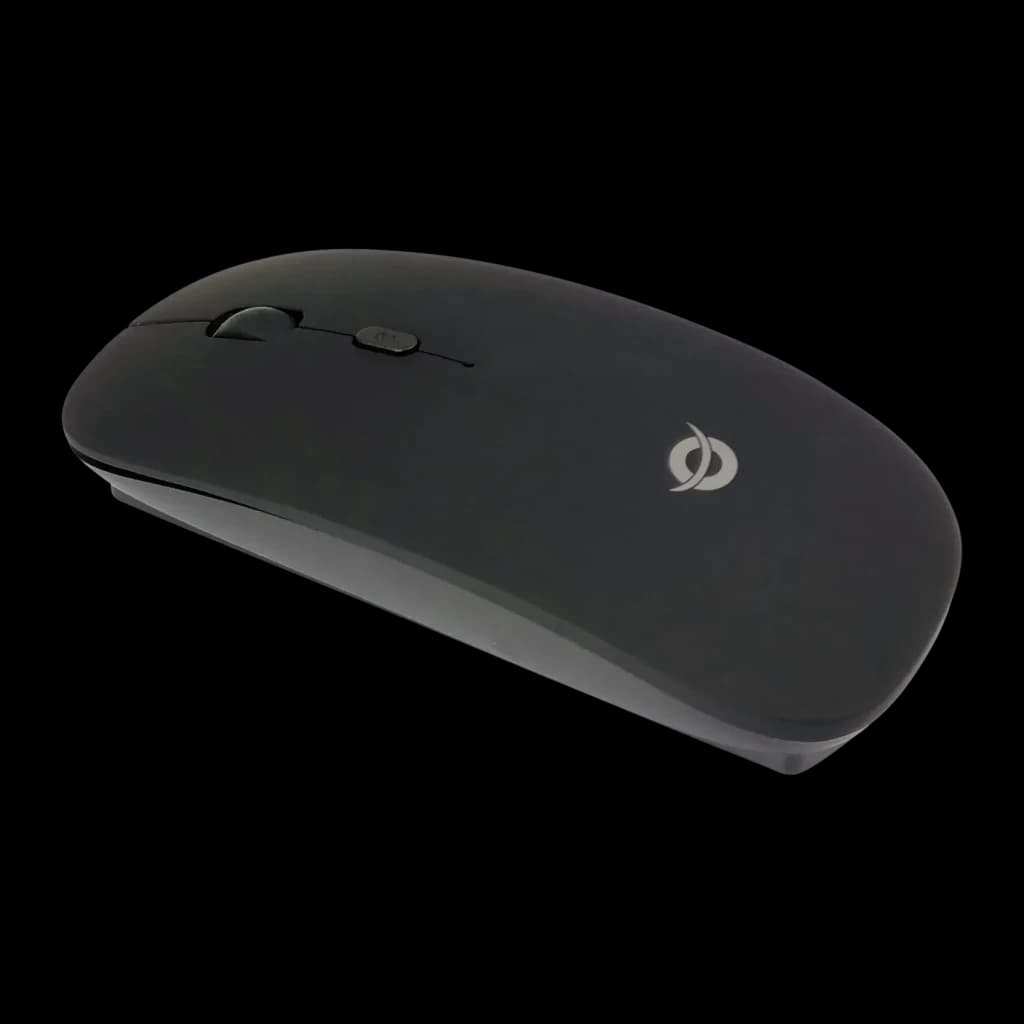 Ratón Conceptronic Negro Bluetooth LORCAN01B, vista lateral: perfil bajo, rueda central, logo Conceptronic y fondo oscuro