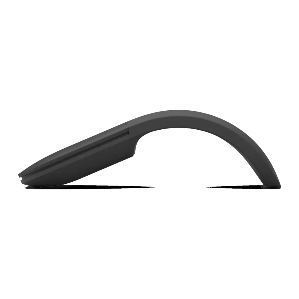 Souris Microsoft Surface Arc Mouse Noir Bluetooth 4.1, vue latérale: profil en arc courbé sur fond noir