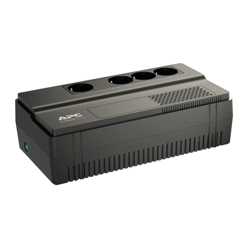 SAI APC Easy UPS Línea Interactiva 1000VA 600W Negro BV1000I-GR, vista en perspectiva: 4 tomas en la parte superior, logo