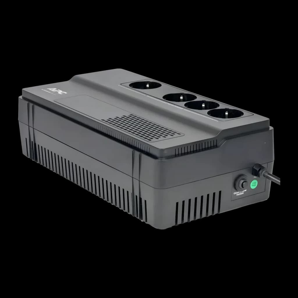 SAI APC Easy UPS Línea Interactiva 1000VA 600W Negro BV1000I-GR, vista angular: 4 tomas Schuko en panel superior, rejilla