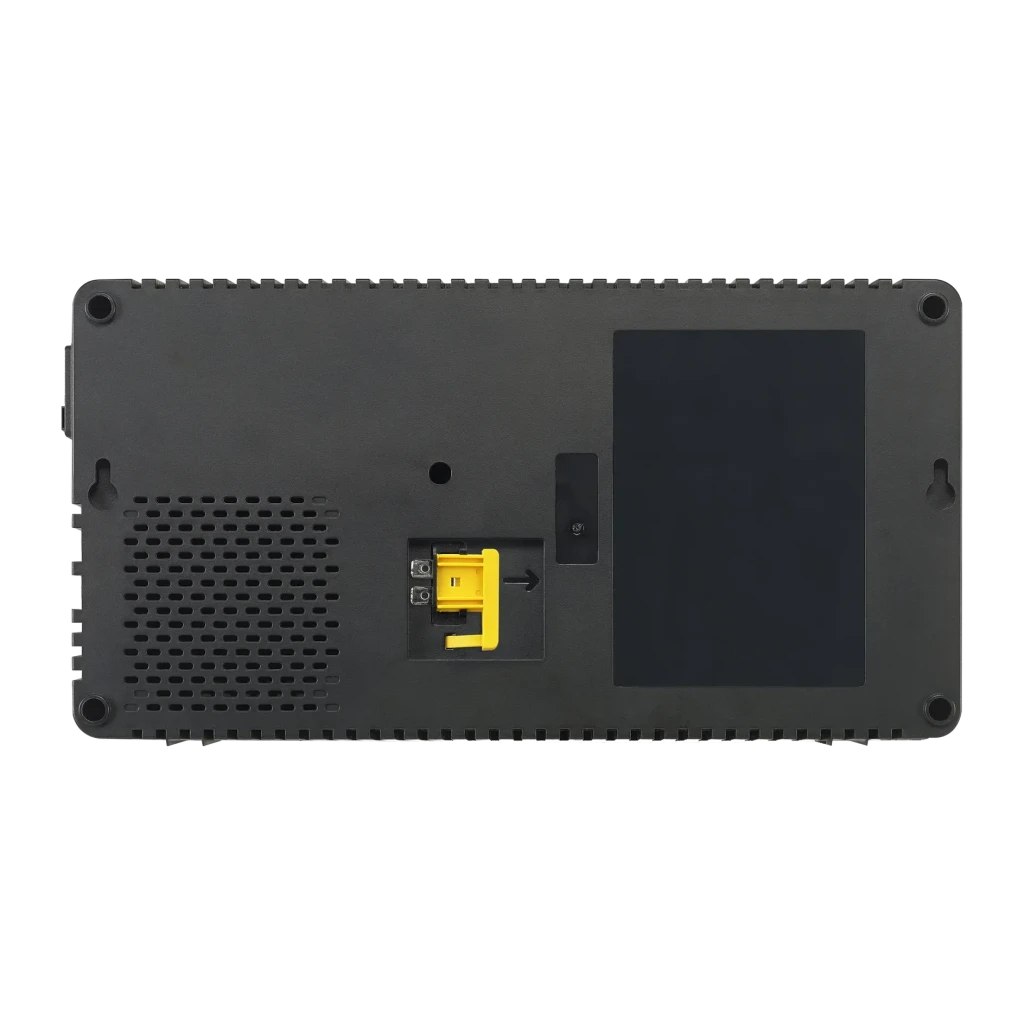 SAI APC Easy UPS Línea Interactiva 1000VA 600W Negro BV1000I-GR, base inferior: conector batería amarillo, rejilla