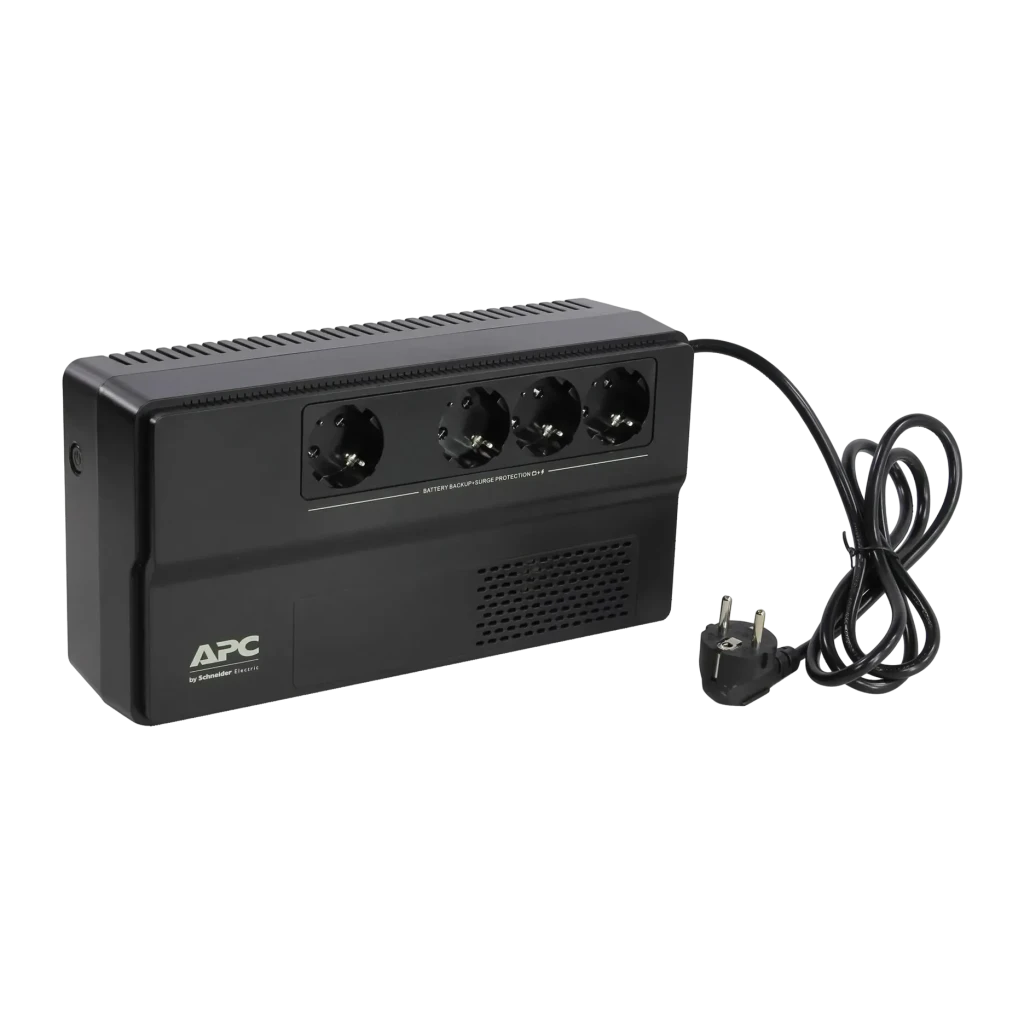 SAI APC Easy UPS Línea Interactiva 1000VA 600W Negro BV1000I-GR, vista lateral: 4 tomas Schuko en la parte superior y cable
