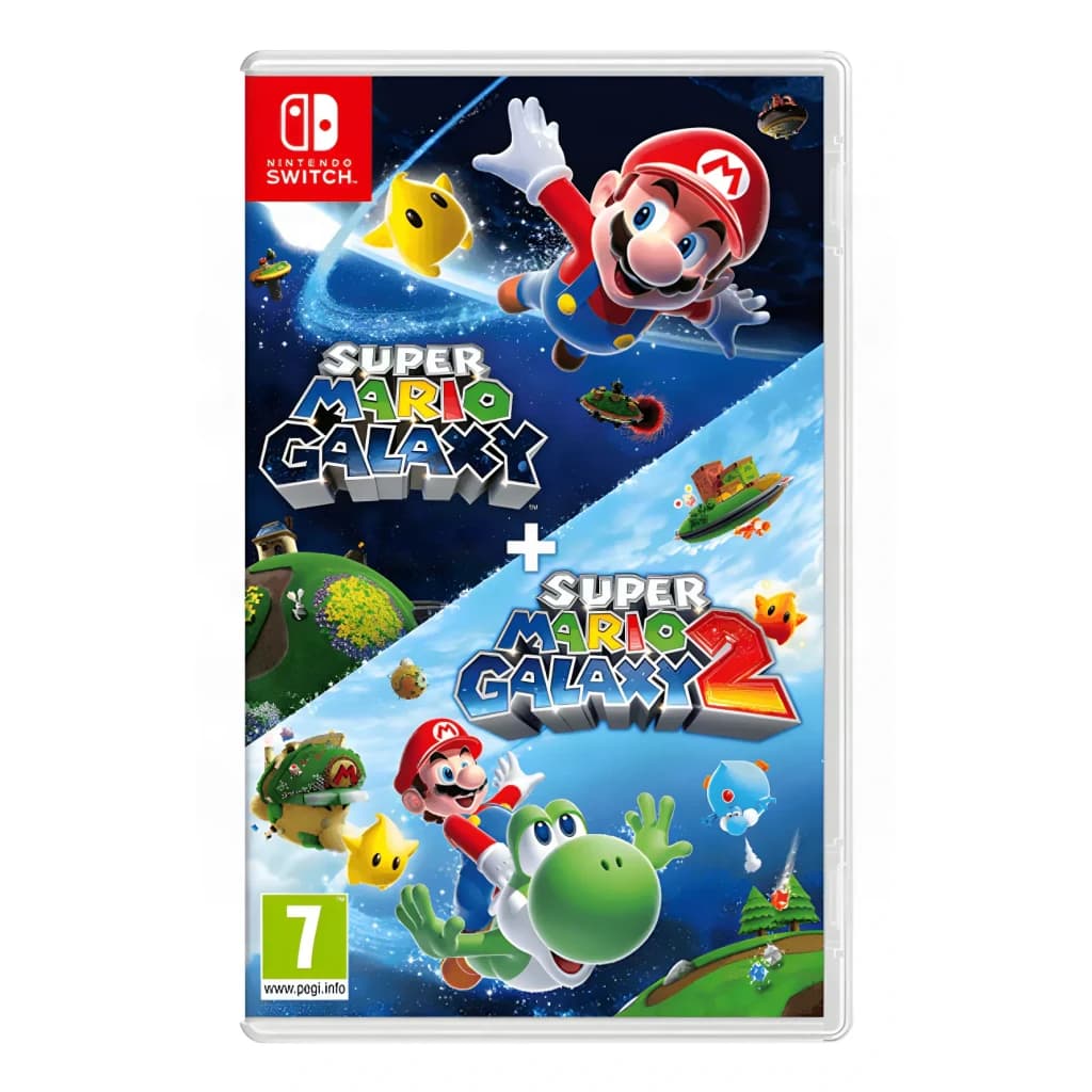 Videojogo Nintendo Super Mario Galaxy + 2 Switch, vista frontal: capa com Mario, Yoshi e estrelas em cenas espaciais