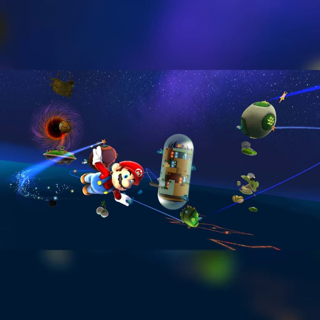 Videojogo Nintendo Super Mario Galaxy + 2 Switch, em uso: Mario voando entre planetas e cápsulas em cena espacial