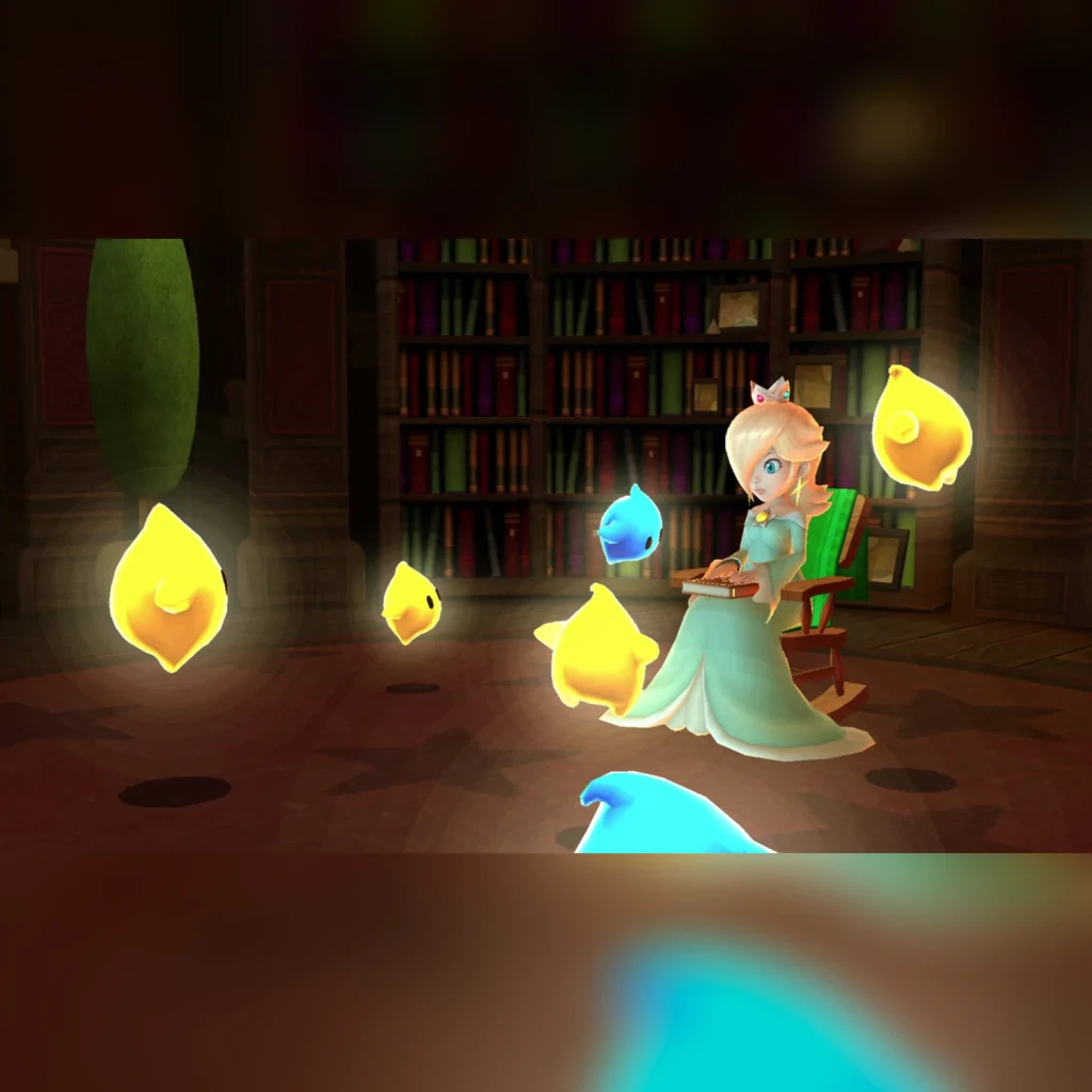 Videojogo Nintendo Super Mario Galaxy + 2 Switch, em uso: Rosalina a ler rodeada de Lumas em biblioteca escura