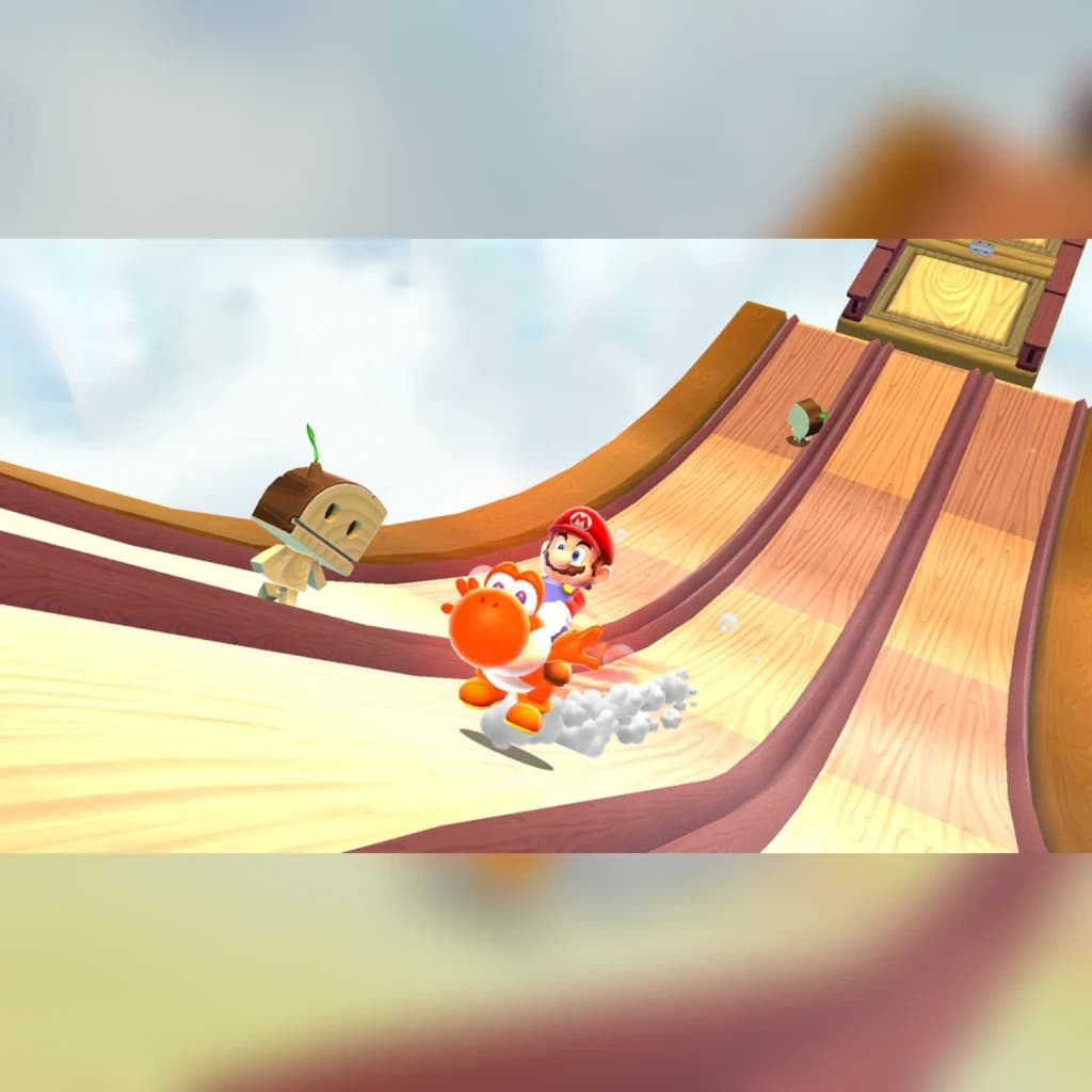 Videojogo Nintendo Super Mario Galaxy + 2 Switch, em uso: Mario montado em Yoshi laranja subindo rampa de madeira