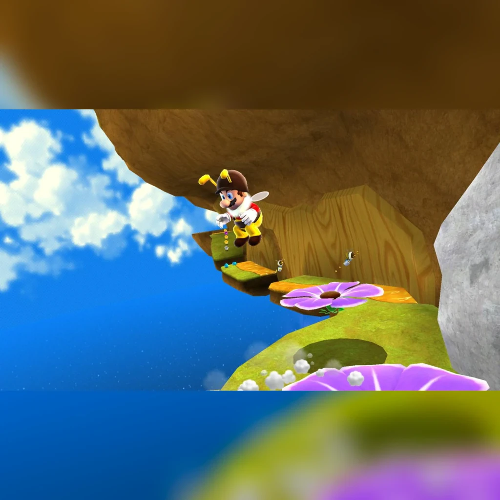 Videojogo Nintendo Super Mario Galaxy + 2 Switch, em uso: Mario com fato de abelha a saltar em plataforma flutuante
