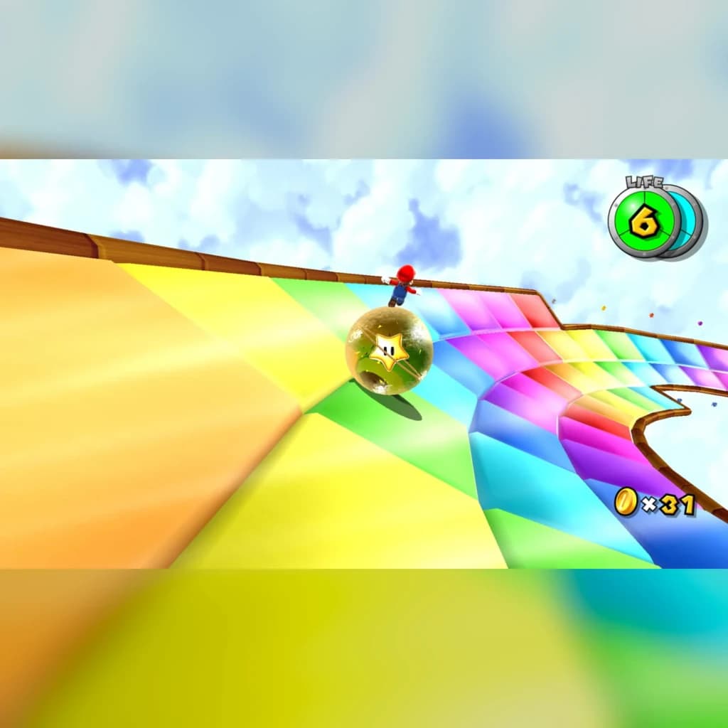 Videojogo Nintendo Super Mario Galaxy + 2 Switch, em uso: Mario sobre bola dourada em rampa arco-íris com 31 moedas e 6 vidas