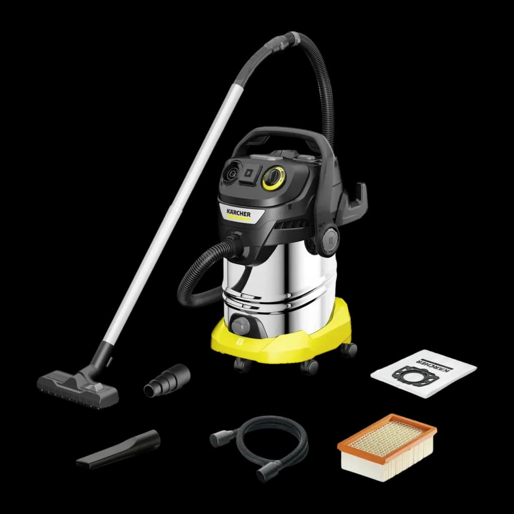 Aspiradora Industrial Kärcher KWD 6 P S Negro/Amarillo 1300W V-30/8/22/T, vista conjunto: depósito inox, base amarilla