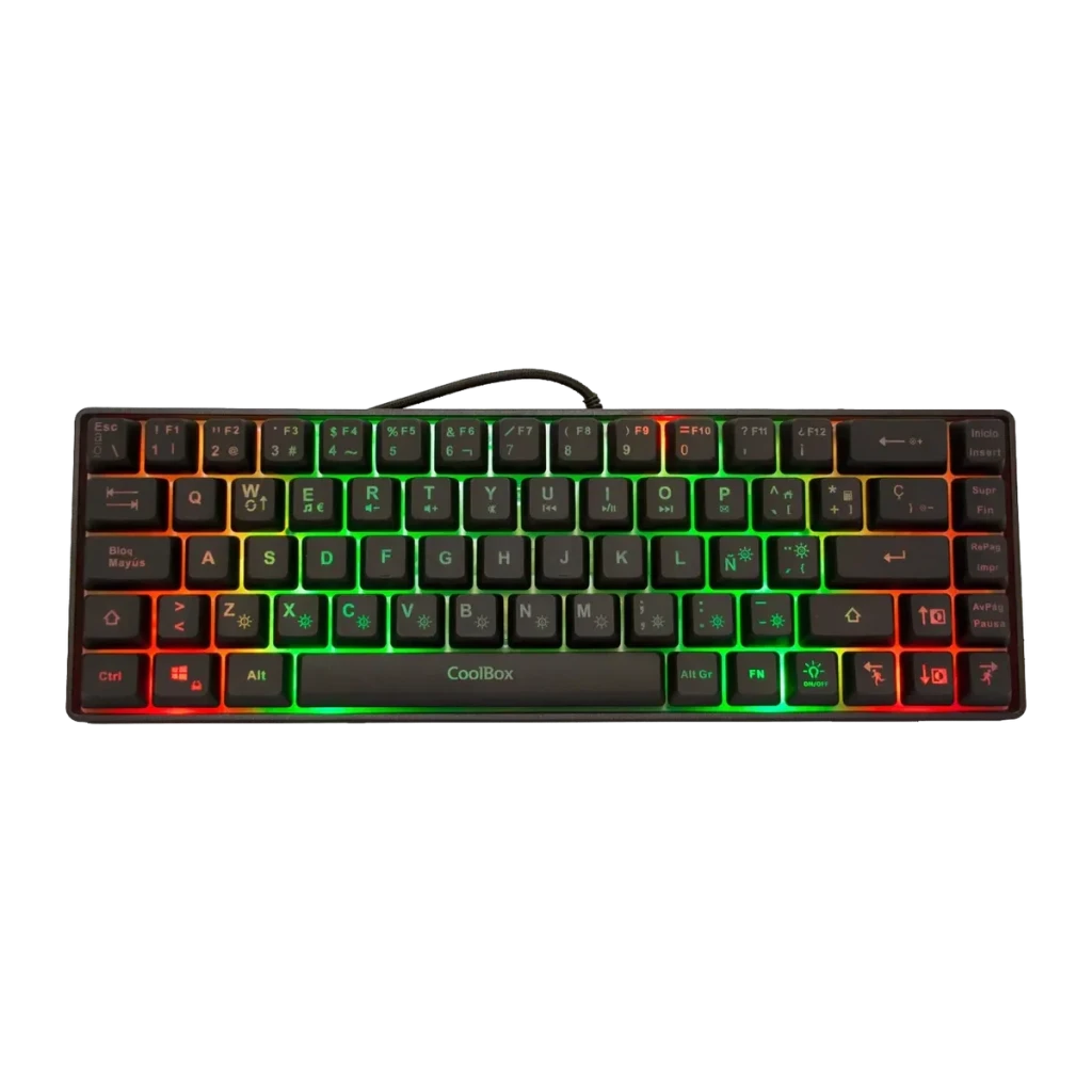 Clavier Gaming CoolBox DeepGaming TM065 Mini 65% Hybride Membrane-Mécanique RGB Noir, vue de dessus: rétroéclairage RGB
