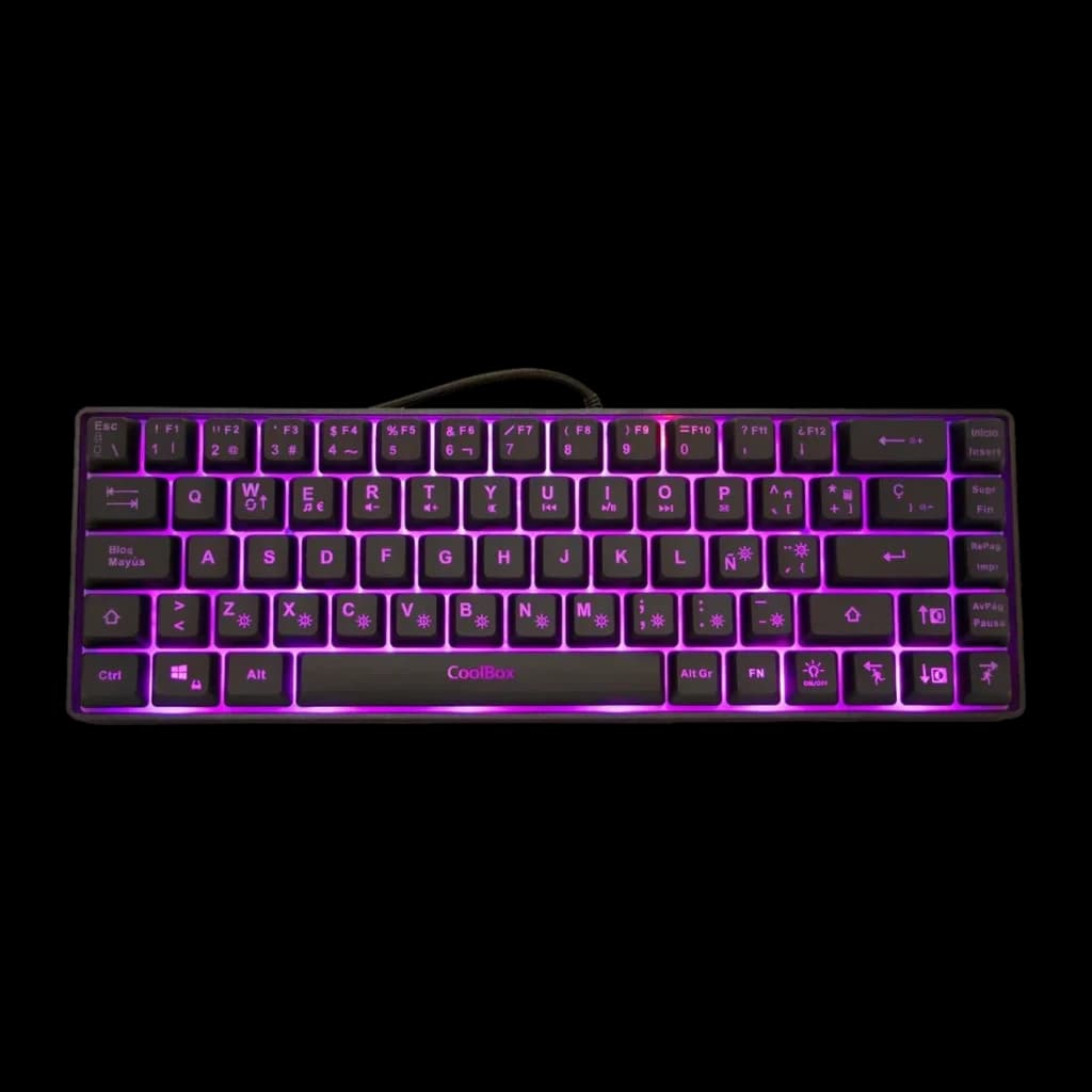 Clavier Gaming CoolBox DeepGaming TM065 Mini 65% Hybride Membrane-Mécanique RGB Noir, vue dessus: rétroéclairage RGB violet