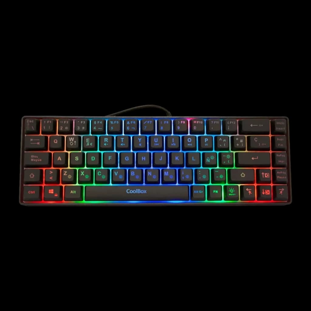 Clavier Gaming CoolBox DeepGaming TM065 Mini 65% Hybride Membrane-Mécanique RGB Noir, vue dessus: rétroéclairage RGB