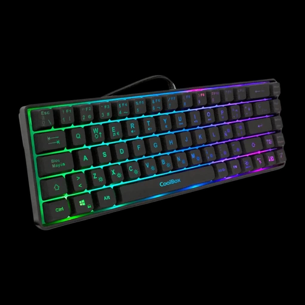 Clavier Gaming CoolBox DeepGaming TM065 Mini 65% Hybride Membrane-Mécanique RGB Noir, vue latérale: rétroéclairage RGB