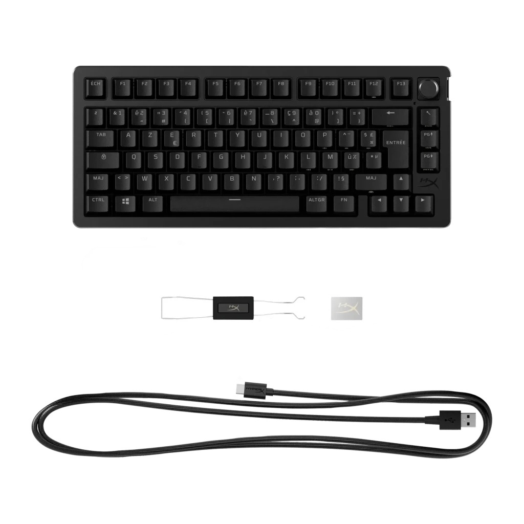 Teclado Gaming HyperX Alloy Rise 75 RGB Preto, vista superior: layout 75%, cabo USB trançado e adaptador incluídos