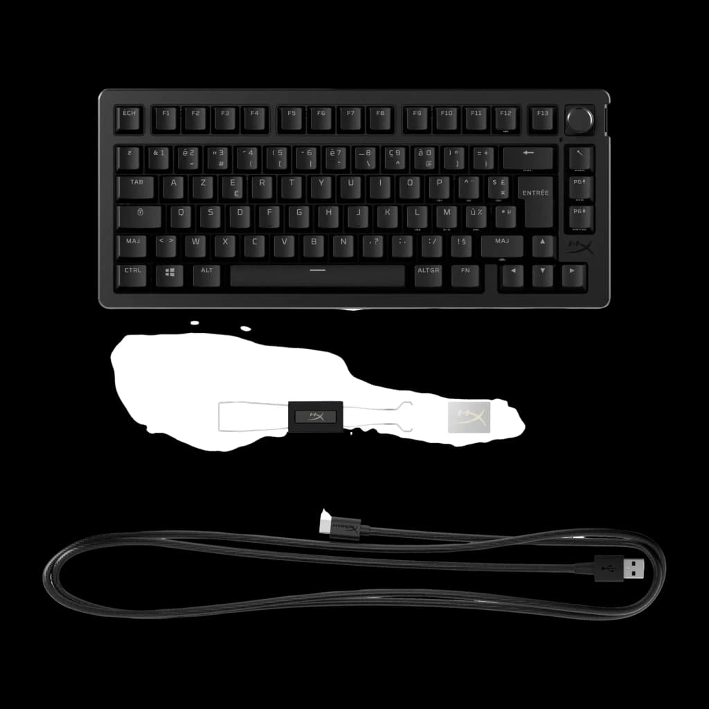 Teclado Gaming HyperX Alloy Rise 75 RGB Preto, vista superior: layout 75%, cabo USB trançado e adaptador incluídos