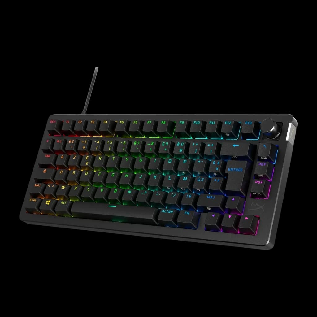Teclado Gaming HyperX Alloy Rise 75 RGB Preto, vista em ângulo: retroiluminação multicolor e botão giratório lateral