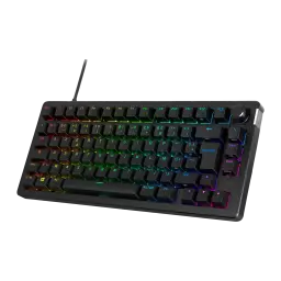 Teclado Gaming HyperX Alloy Rise 75 RGB Preto, vista em ângulo: retroiluminação multicolor e botão giratório lateral