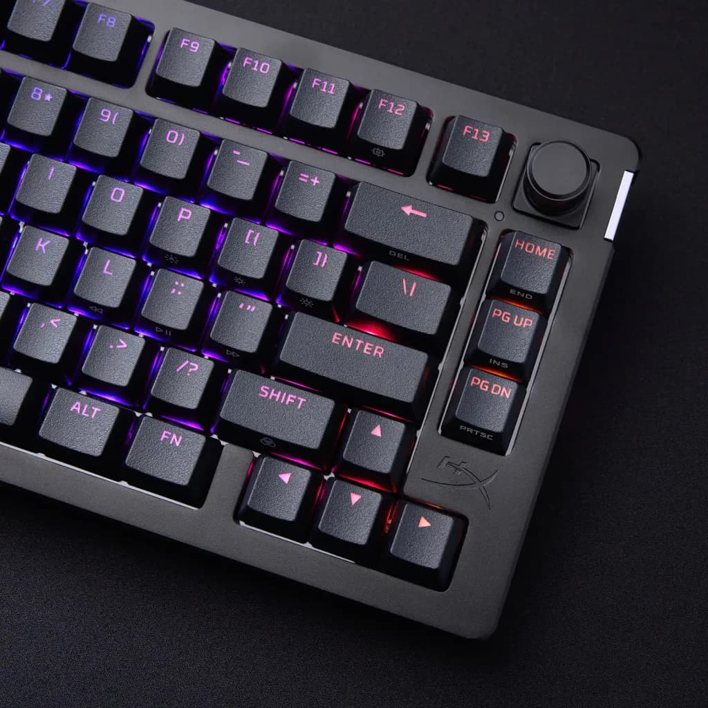 Teclado Gaming HyperX Alloy Rise 75 RGB Preto, em uso: vista superior direita com retroiluminação RGB e dial de controlo