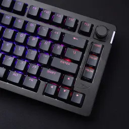 Teclado Gaming HyperX Alloy Rise 75 RGB Preto, em uso: vista superior direita com retroiluminação RGB e dial de controlo
