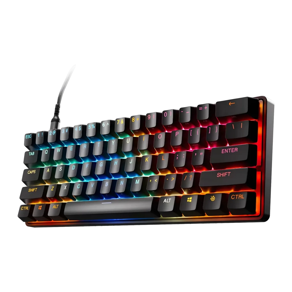 Clavier Gaming SteelSeries Apex Pro Mini Gen 3 Mécanique Magnetic-mechanical RGB Noir, vue avant en angle: rétroéclairage