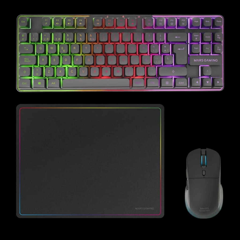 Combo Gaming Mars Gaming Sans Fil RGB 360x260mm Noir MCPWTKLES, vue dessus: clavier RGB, tapis bord RGB et souris sans fil