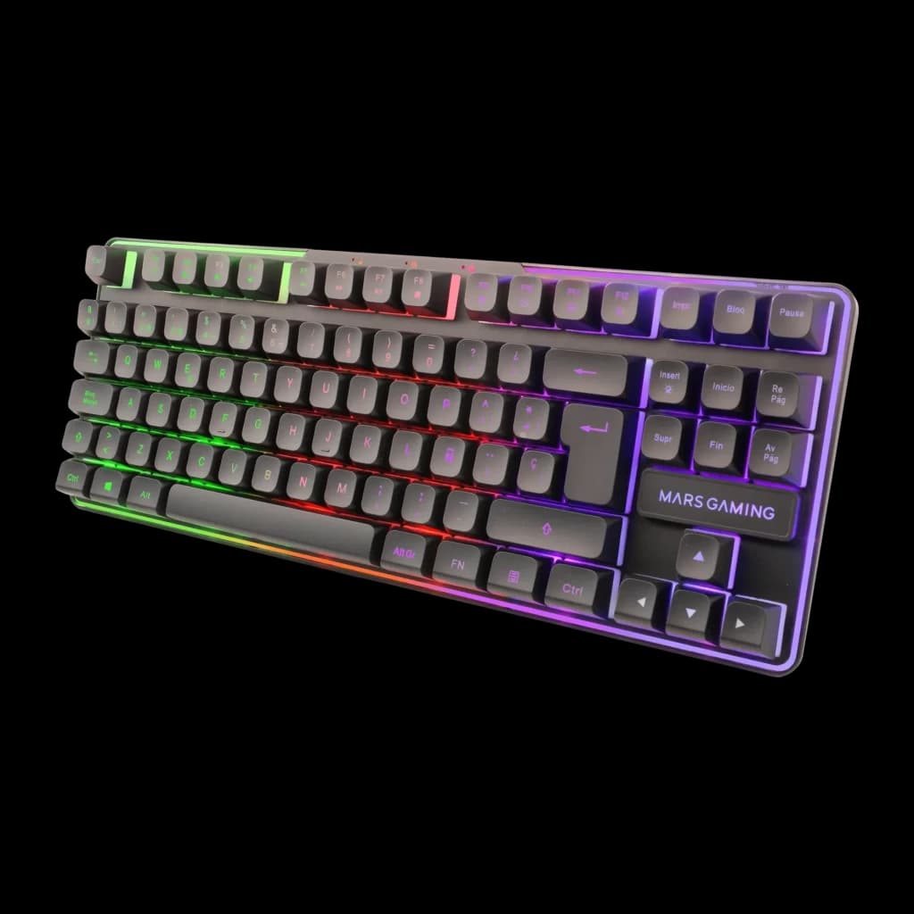 Combo Gaming Mars Gaming Sans Fil RGB 360x260mm Noir MCPWTKLES, clavier en perspective: éclairage RGB multicolore