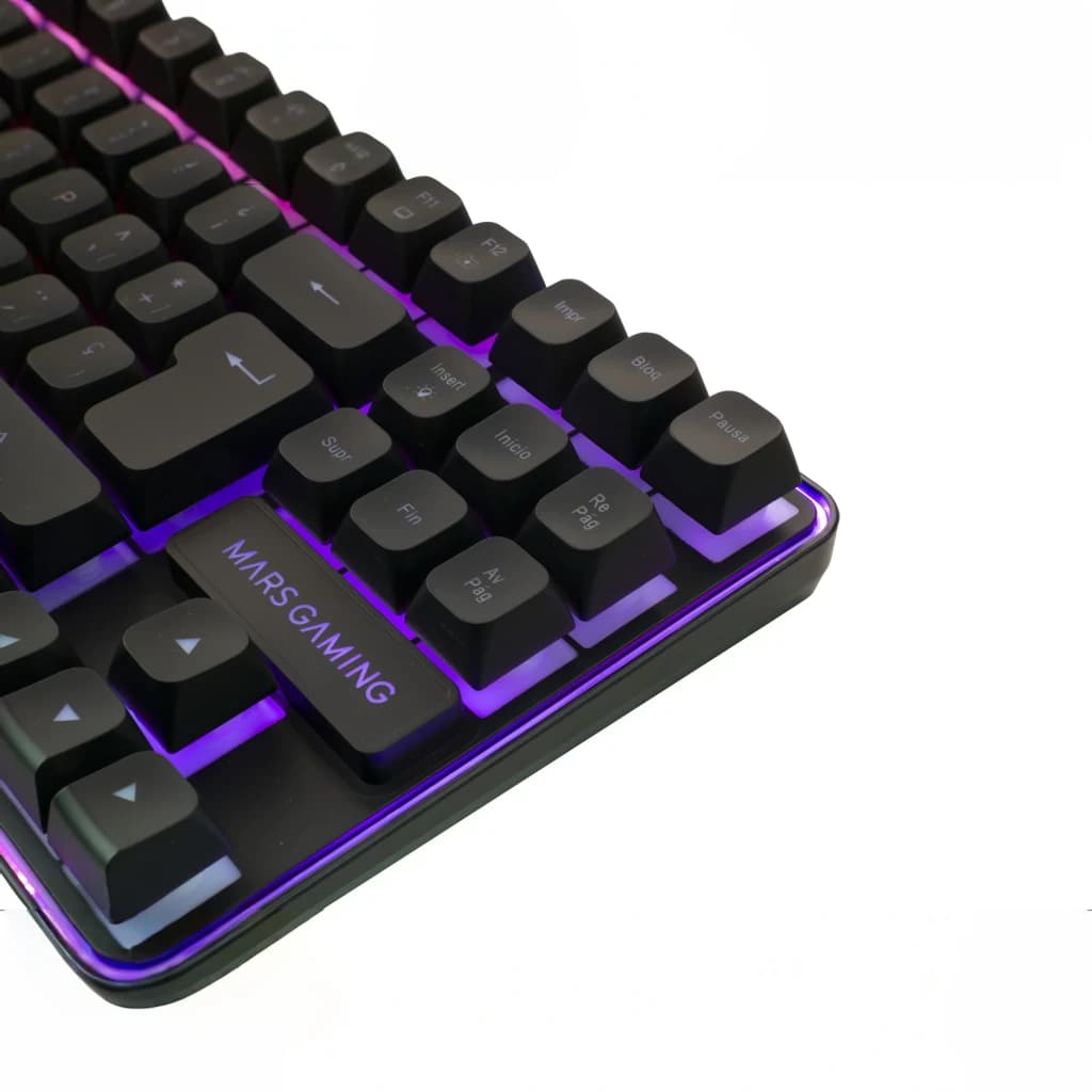 Combo Gaming Mars Gaming Sans Fil RGB 360x260mm Noir MCPWTKLES, en utilisation: détail du clavier avec rétroéclairage RGB