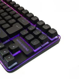 Combo Gaming Mars Gaming Sans Fil RGB 360x260mm Noir MCPWTKLES, en utilisation: détail du clavier avec rétroéclairage RGB