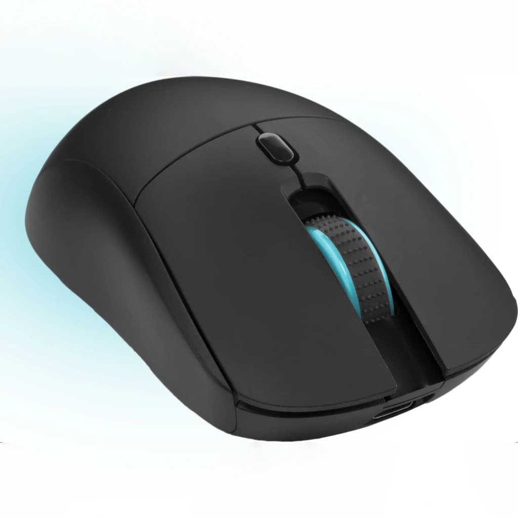 Combo Gaming Mars Gaming Sans Fil RGB 360x260mm Noir MCPWTKLES, en usage: souris noire vue dessus avec molette éclairée