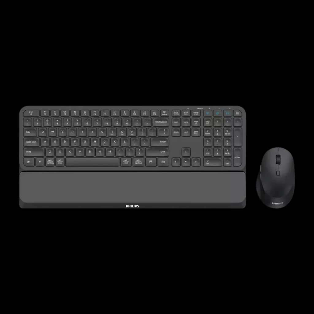 Combo Clavier et Souris Philips Noir Sans Fil Bluetooth SPT6607B/16, vue de dessus: clavier complet avec repose-poignets