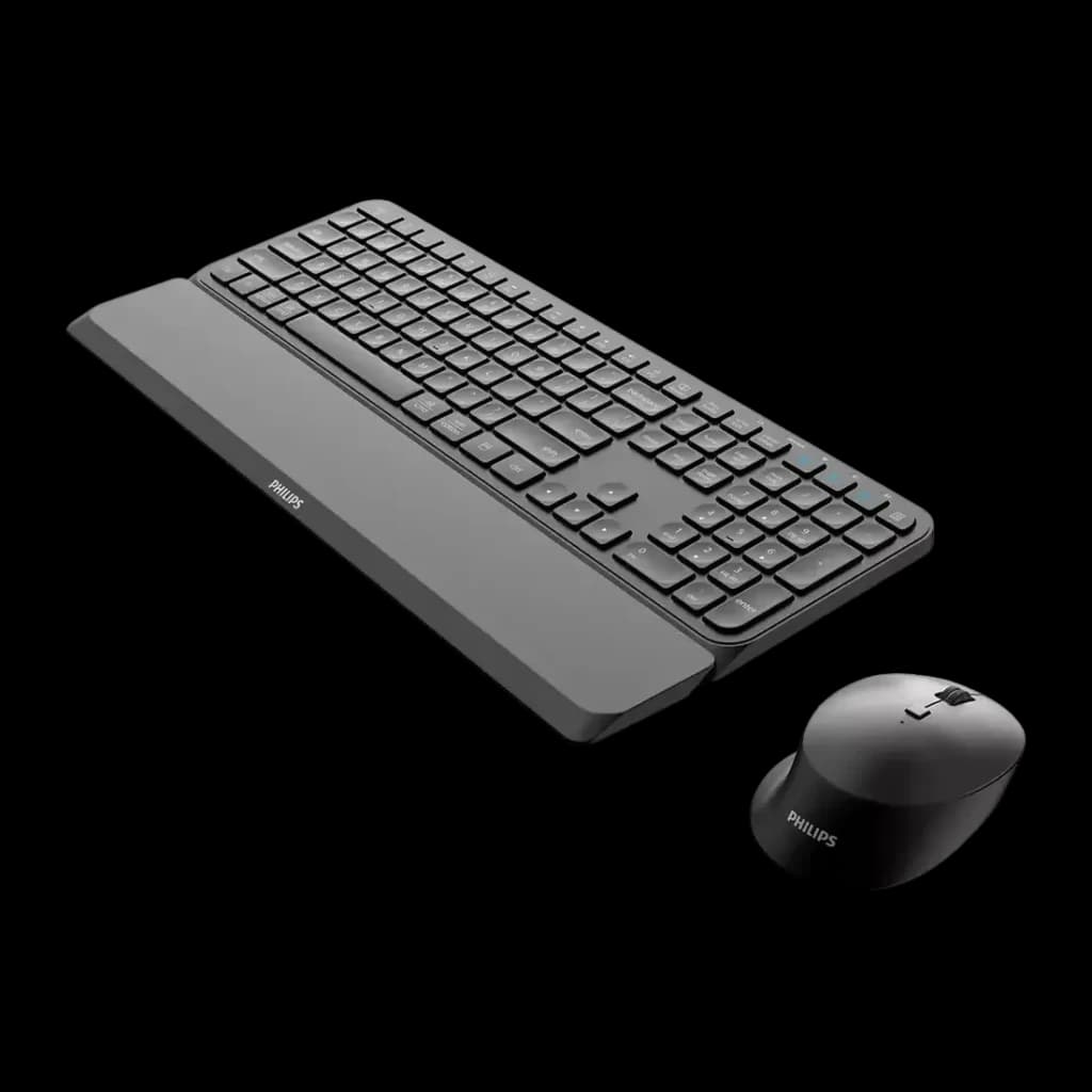 Combo Clavier et Souris Philips Noir Sans Fil Bluetooth SPT6607B/16, vue en perspective: clavier avec repose-poignet
