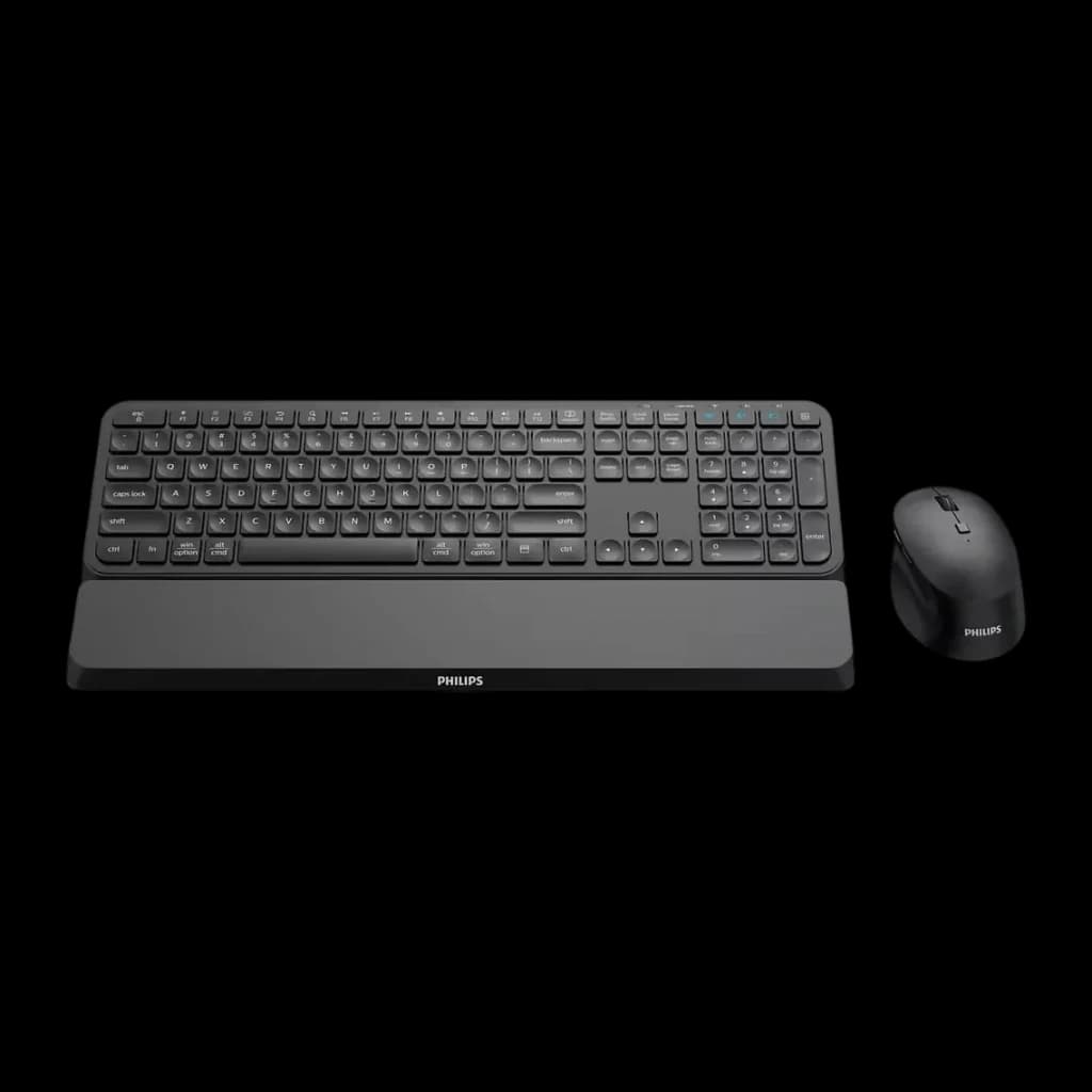 Combo Clavier et Souris Philips Noir Sans Fil Bluetooth SPT6607B/16, vue de dessus: clavier avec repose-poignets et souris
