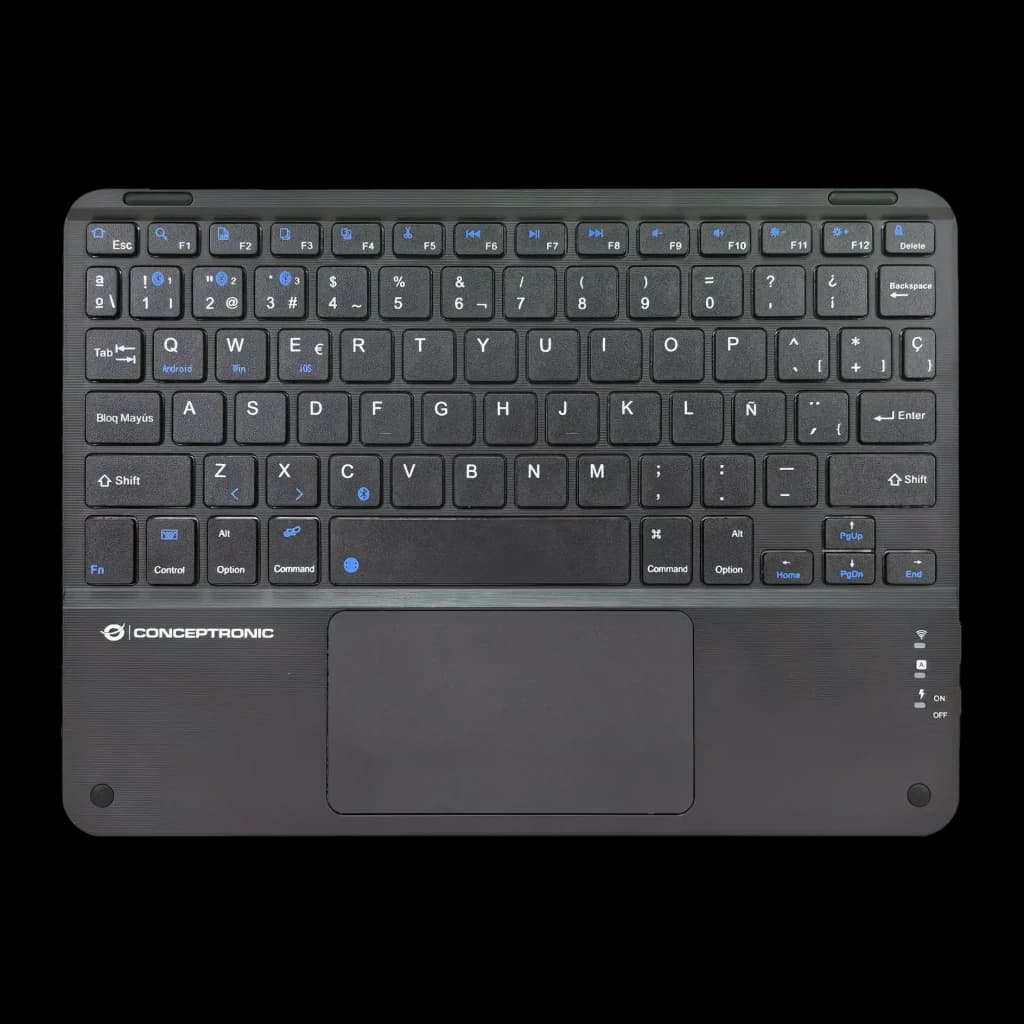 Teclado Conceptronic Negro Bluetooth 5.4 QWERTY Español TOBIN01BES, vista superior: teclas con iconos azules y touchpad