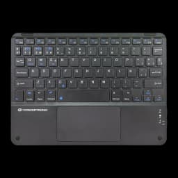 Teclado Conceptronic Negro Bluetooth 5.4 QWERTY Español TOBIN01BES, vista superior: teclas con iconos azules y touchpad