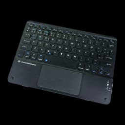 Teclado Conceptronic Negro Bluetooth 5.4 QWERTY Español TOBIN01BES, vista cenital: teclas con iconos azules y touchpad