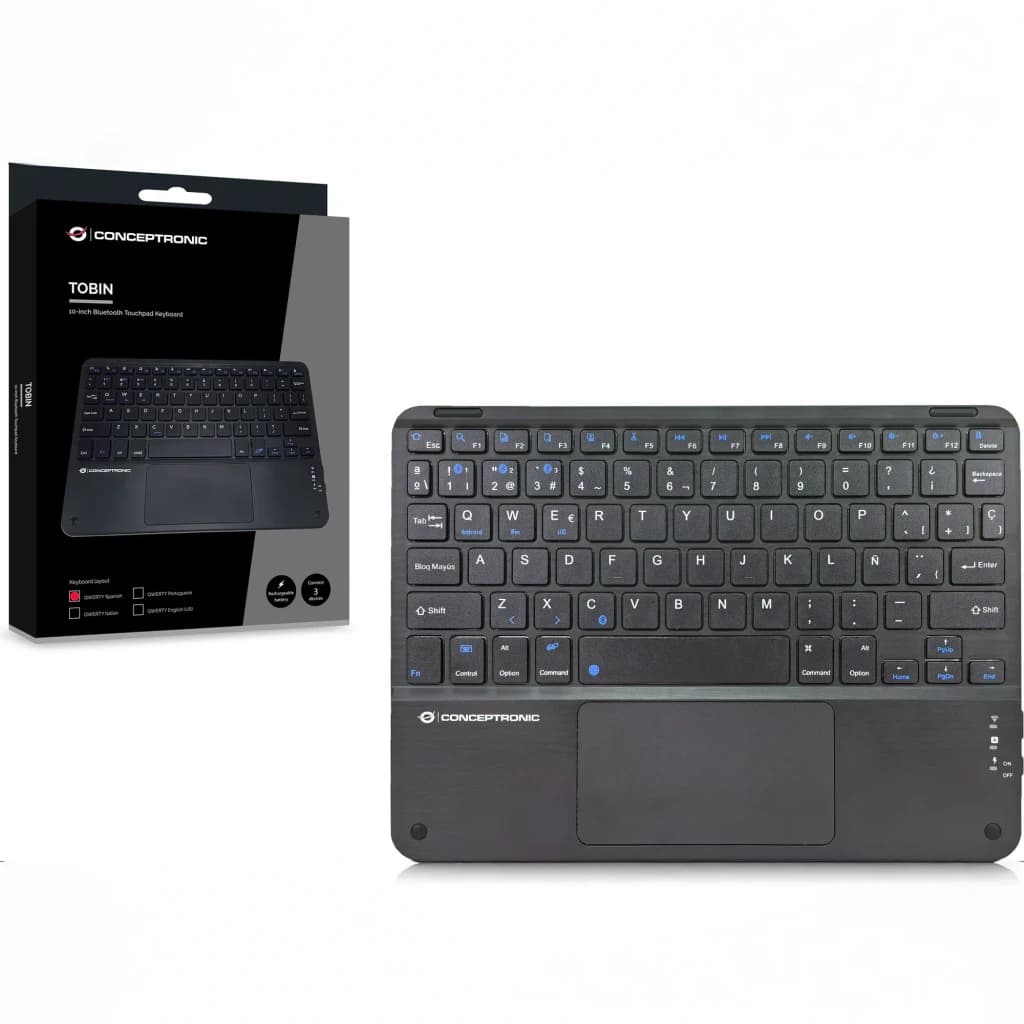Teclado Conceptronic Negro Bluetooth 5.4 QWERTY Español TOBIN01BES, en uso: teclado y caja del producto, teclas azules