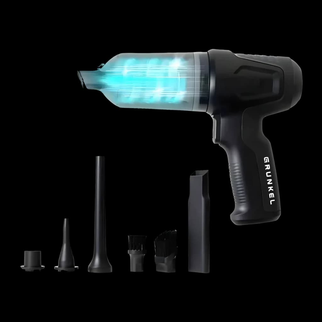 Aspiradora de mano Grunkel Negro Sin cable 12000Pa 80W 25min CARFORCE2, vista lateral: depósito transparente con luz azul