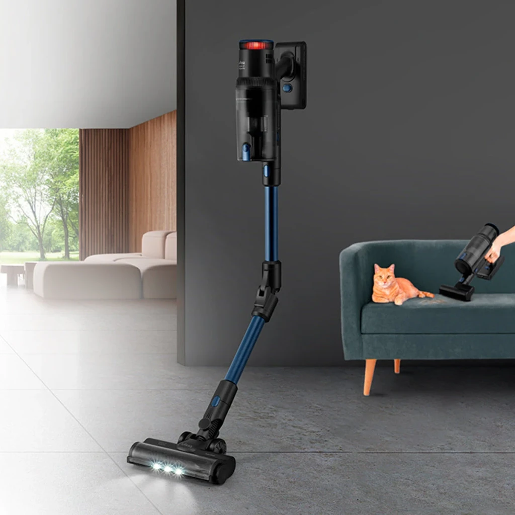 Aspirateur balai Ufesa Inspire U7 Digital PRO Noir/Bleu Sans fil 26000Pa 500W 80min, en utilisation: brosse LED au sol