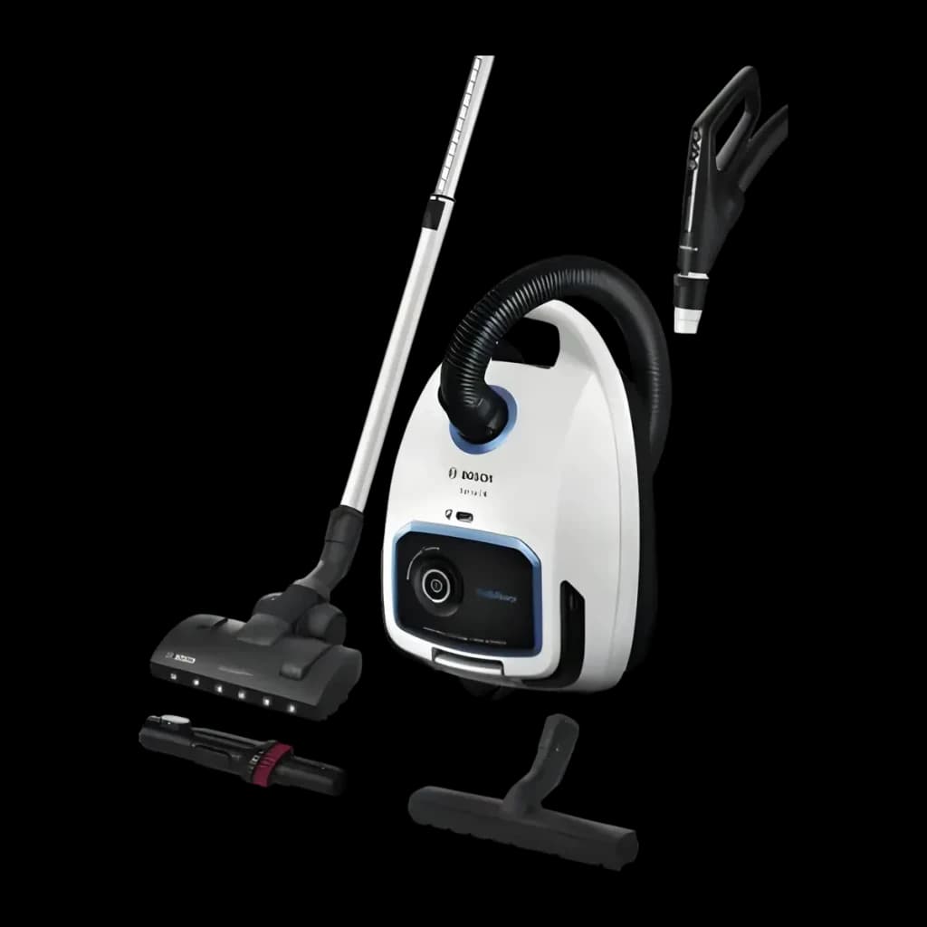 Aspirateur avec sac Bosch Serie 6 ProSilence Noir/Blanc 700W BGB6SIL0L, vue de face: corps blanc avec liseré bleu, tube