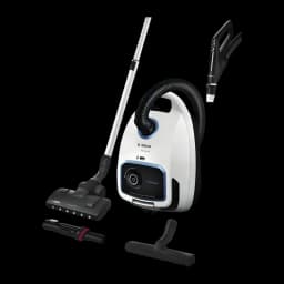 Aspirateur avec sac Bosch Serie 6 ProSilence Noir/Blanc 700W BGB6SIL0L, vue de face: corps blanc avec liseré bleu, tube
