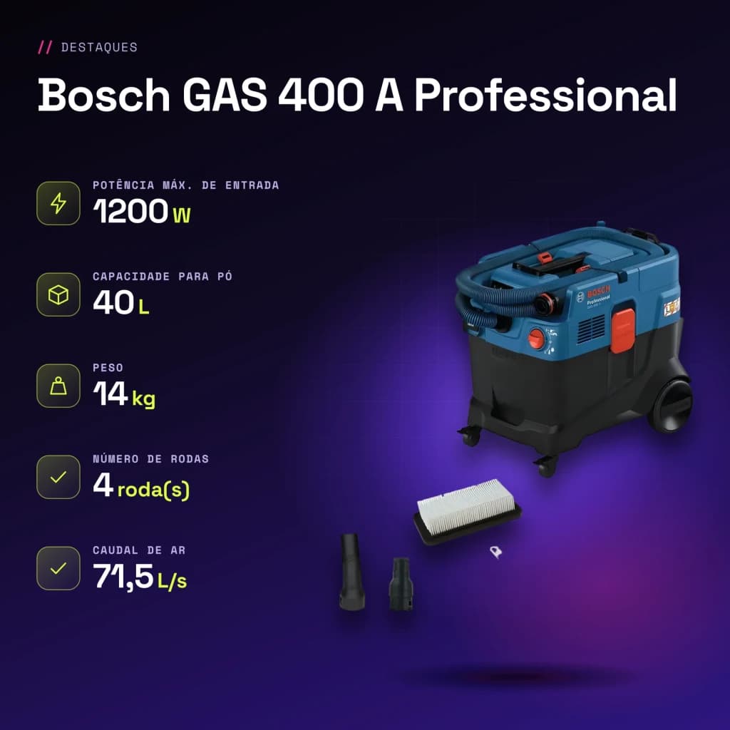 Aspirateur industriel sec/humide Bosch GAS 400 A Professional Bleu Sans Fil 1200W - caractéristiques