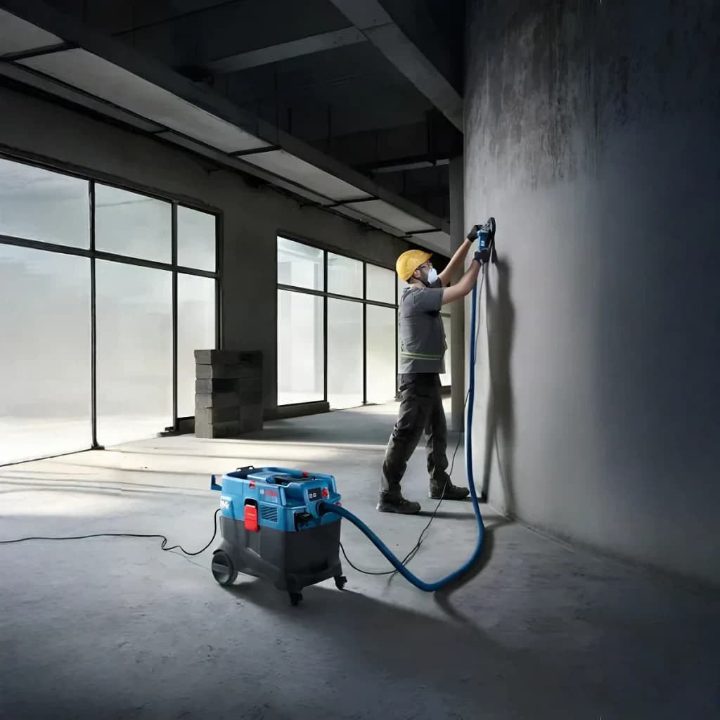 Aspirateur industriel sec/humide Bosch GAS 400 A Professional Bleu Sans Fil 1200W, en utilisation: ouvrier ponçant un mur