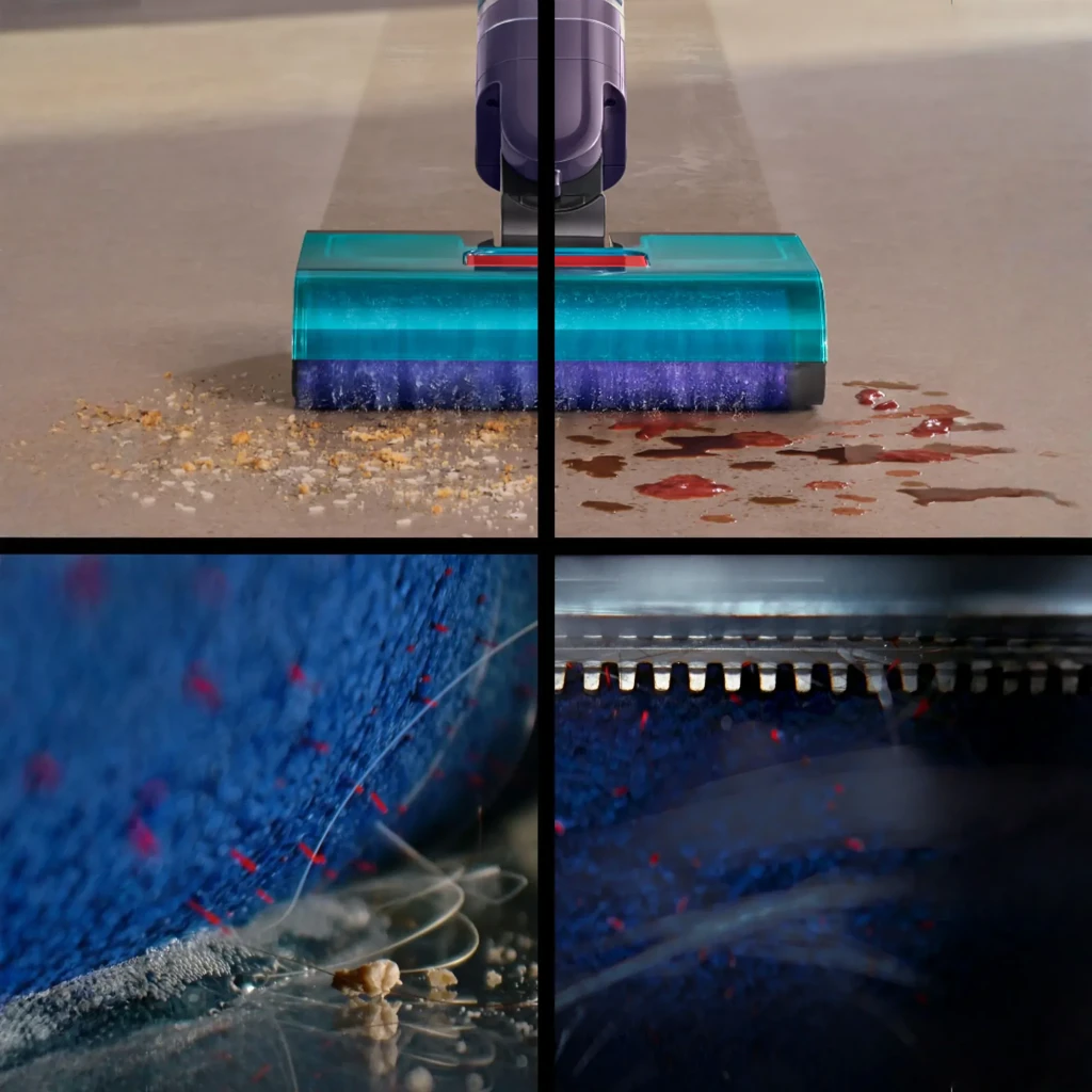 Aspiradora escoba Dyson Clean+Wash Hygiene Azul/Cobre Friegasuelos Sin Cable 45min, en uso: cabezal limpiando suciedad seca