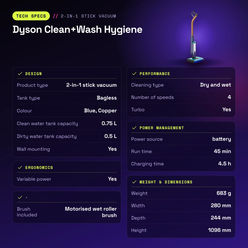 Aspiradora escoba Dyson Clean+Wash Hygiene Azul/Cobre Friegasuelos Sin Cable 45min - características