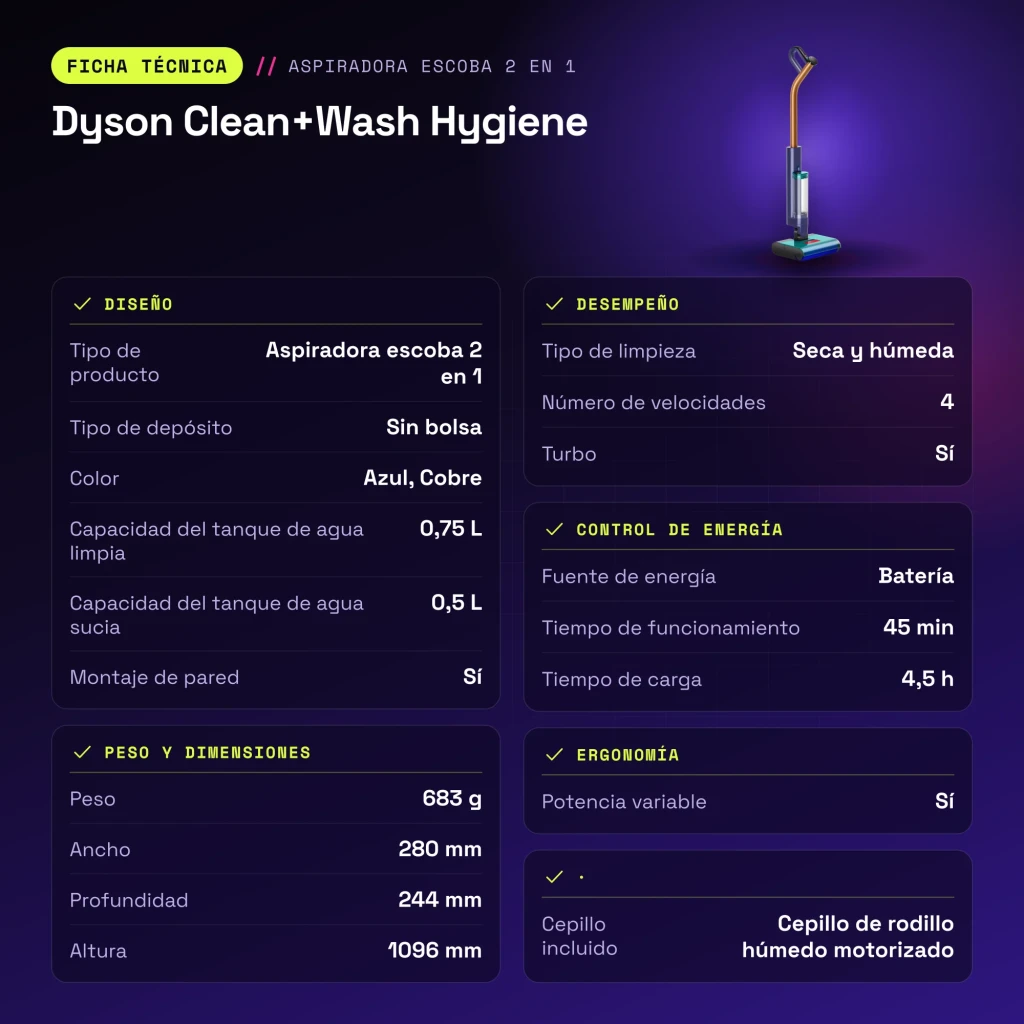 Aspiradora escoba Dyson Clean+Wash Hygiene Azul/Cobre Friegasuelos Sin Cable 45min - características