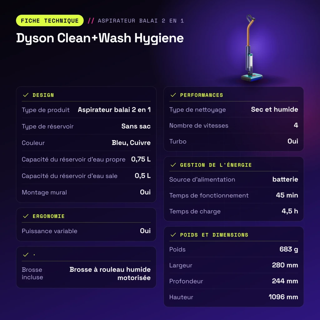 Aspiradora escoba Dyson Clean+Wash Hygiene Azul/Cobre Friegasuelos Sin Cable 45min - características