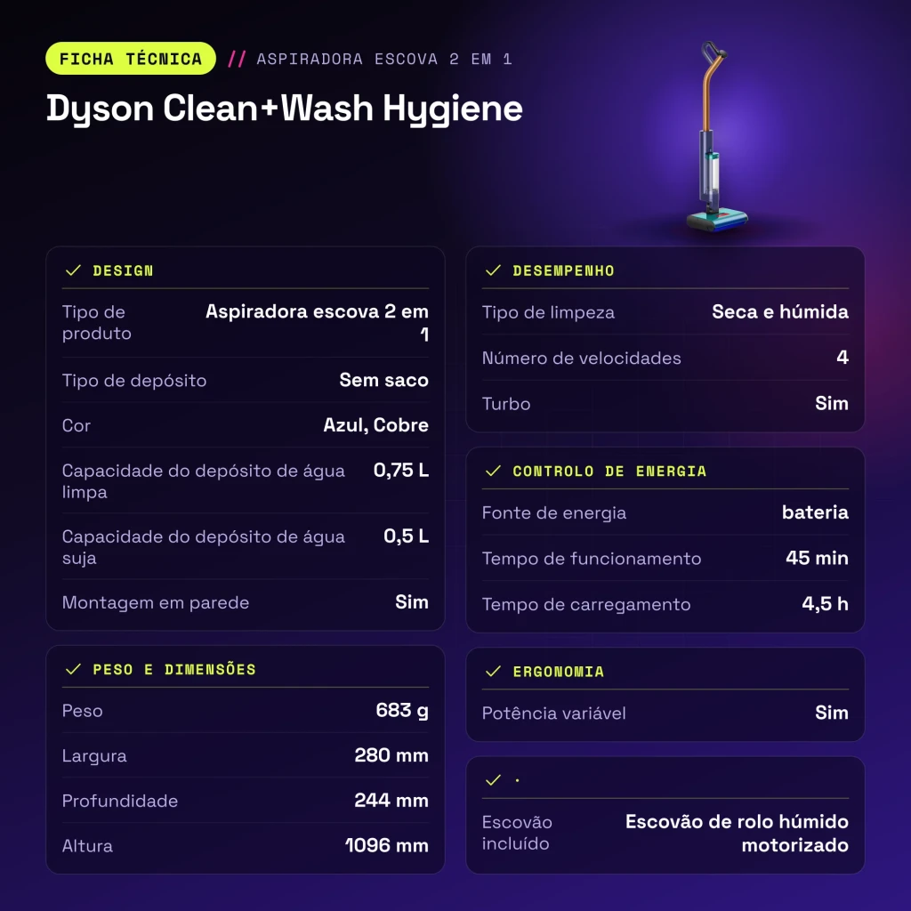 Aspiradora escoba Dyson Clean+Wash Hygiene Azul/Cobre Friegasuelos Sin Cable 45min - características