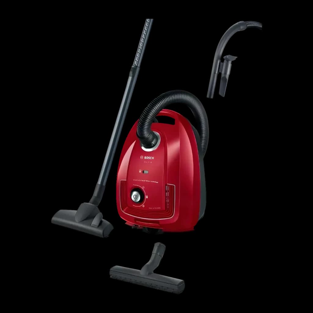 Aspirateur avec sac Bosch Série 4 Rouge 600W BGD38RD1H, vue latérale: corps rouge avec tube, flexible et accessoires inclus