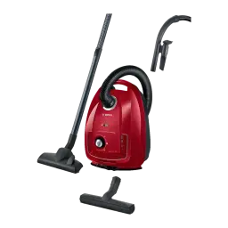 Aspirateur avec sac Bosch Série 4 Rouge 600W BGD38RD1H, vue latérale: corps rouge avec tube, flexible et accessoires inclus